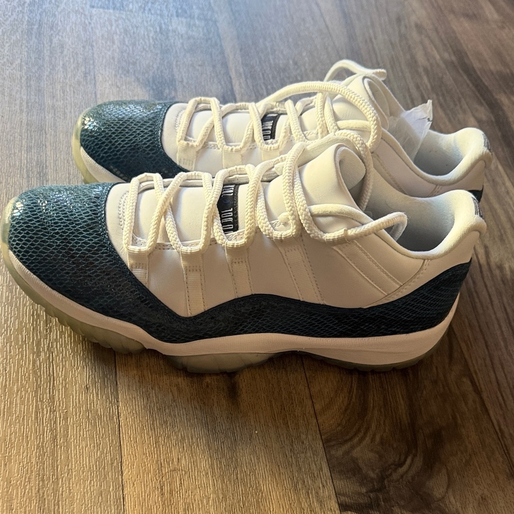 Jordan 11s Low-Top Sneakers in White and Teal Snakeskin